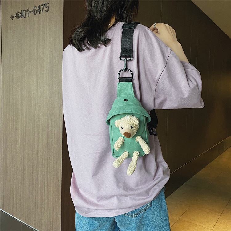 Tas Selempang Wanita Fashion Bahan Kanvas Polyester Sling Bag Mini Cute Bear Korean Style