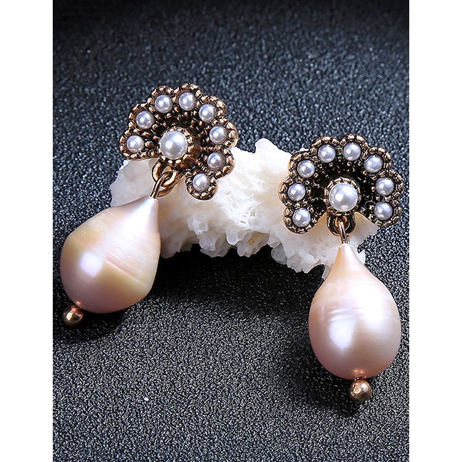 LRC Anting Tusuk Fashion Bronze Flower-studded Irregular Pearl Stud Earrings F34112