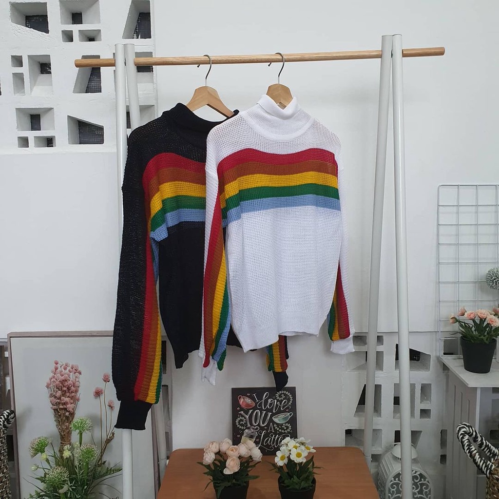 Turtleneck Rainbow-Sweater Rajut Pakaian Wanita Motif Garis-garis Pelangi