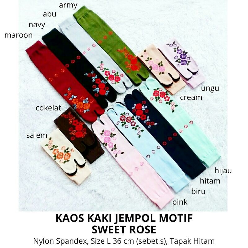 Kaos Kaki Jempol Wanita Motif Sweet Rose Tapak Hitam Muslimah Murah Panjang Size L Nylon Spandex