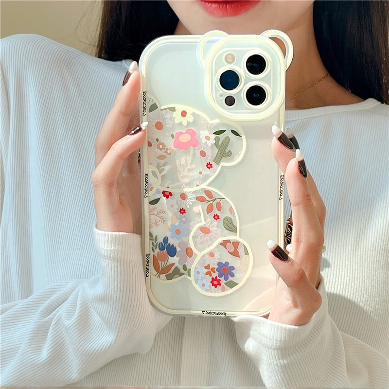 IPHONE Ins Bunga Beruang Lucu Pelindung Kamera Ponsel Bening Case Untuk Iphone14 13 Pro Max11 12 Pro Max X XR XS Max7 8 Plus Lembut Penutup Belakang