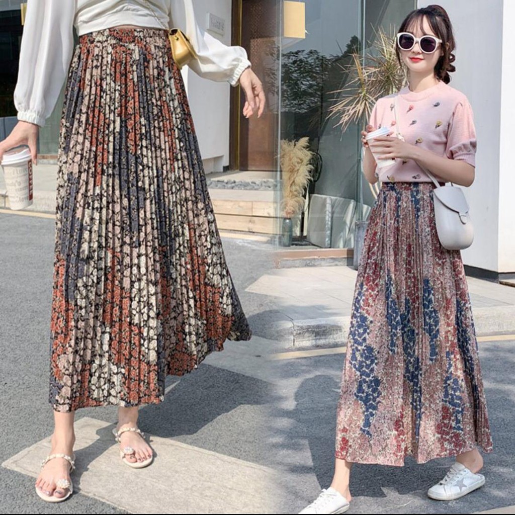 Rok Plisket Prisket Import / Rok Bunga / Maxi Skirt Motif Lucu Floral Bunga Vintage