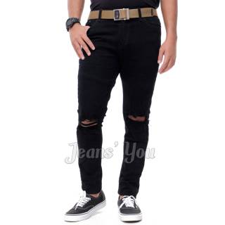  CELANA  JEANS  PRIA SOBEK LUTUT  ROBEK RIPPED HITAM  PEKAT 