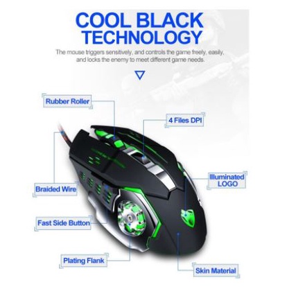 Mouse gaming t-wolf wired usb 2.0 optical 3200dpi macro led for pc laptop v-6 - twolf v6