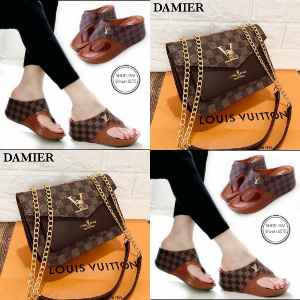 Paket hadiah lebaran sandal wedges dan tas selempang rantai emas dini amnita