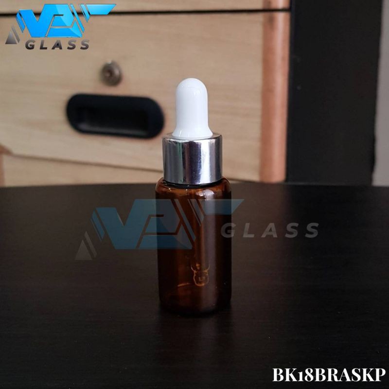 botol kaca pipet 18ml amber / coklat - ring almunium silver