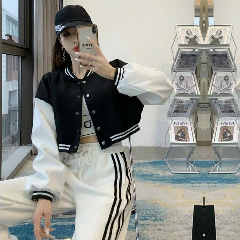 Varsity Cropped Base Ball Two Tone Jacket | Jaket Baseball Wanita Crop Bahan Fleece Tebal Premium Outer Varsity Polos Korean style