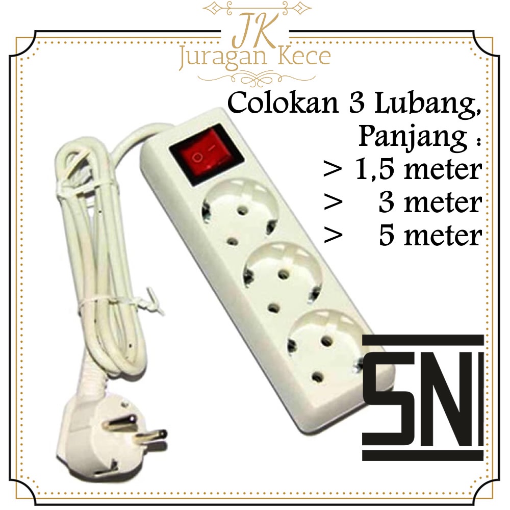 Colokan 3 Lubang Stop Kontak SNI Original Colokan Cok Listrik Panjang Kabel 1,5 Meter / 3 Meter / 5 