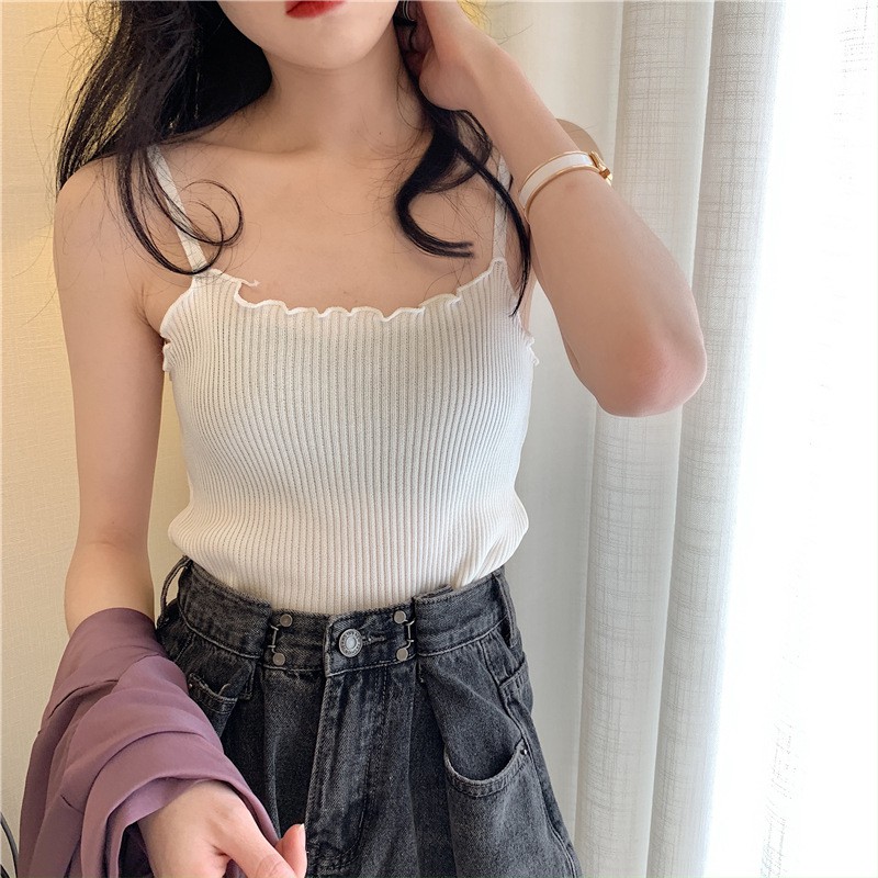 Korean Knit Tank Top Wanita Rajut Polos C049-1