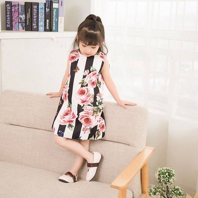 GA2651 ROSE STRIPE DRESS GAUN BUNGA MAWAR ANAK PEREMPUAN LUCU IMPORT KOREA MURAH