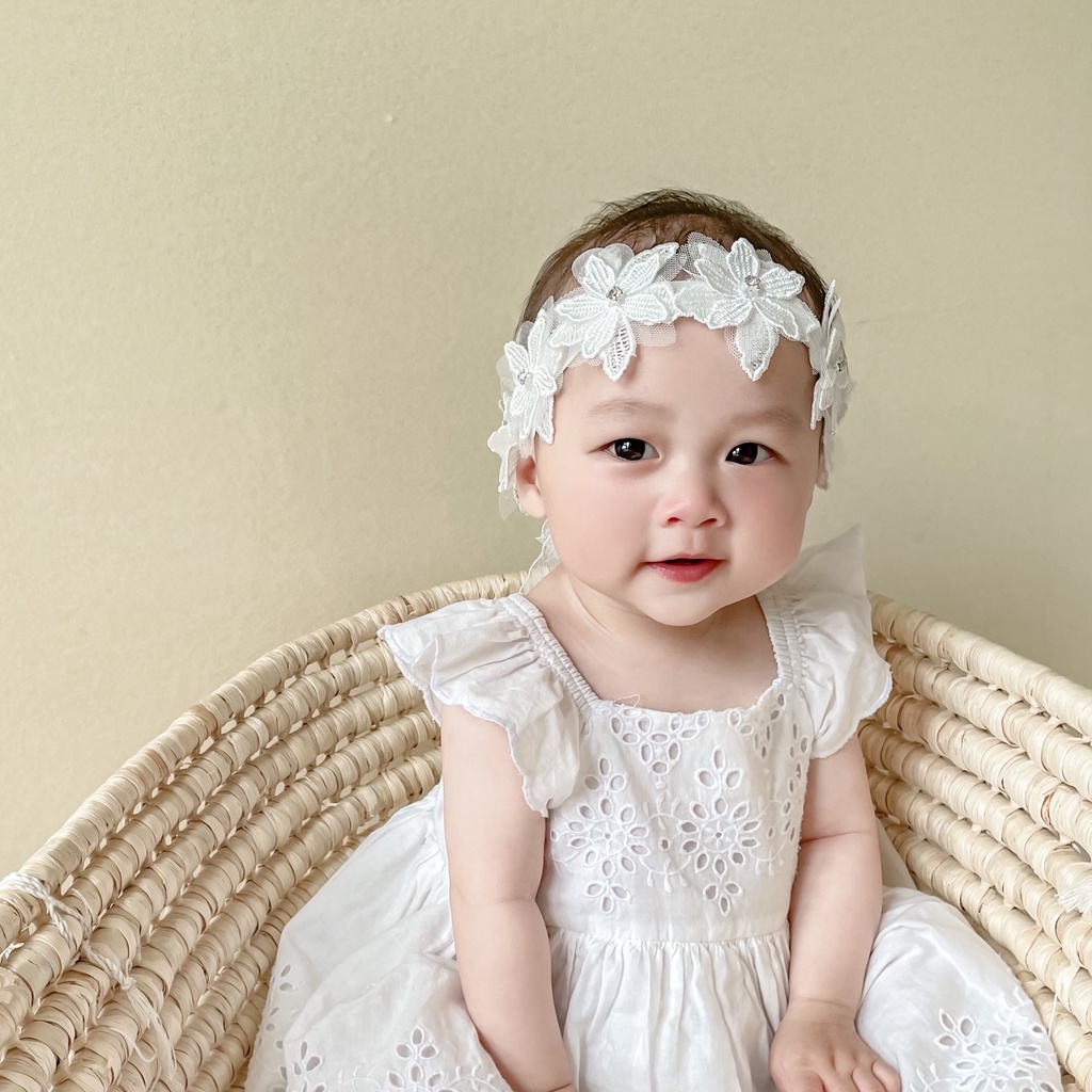 NEW Bandana bayi anak import motif bunga mutiara dengan pita di bagian belakang