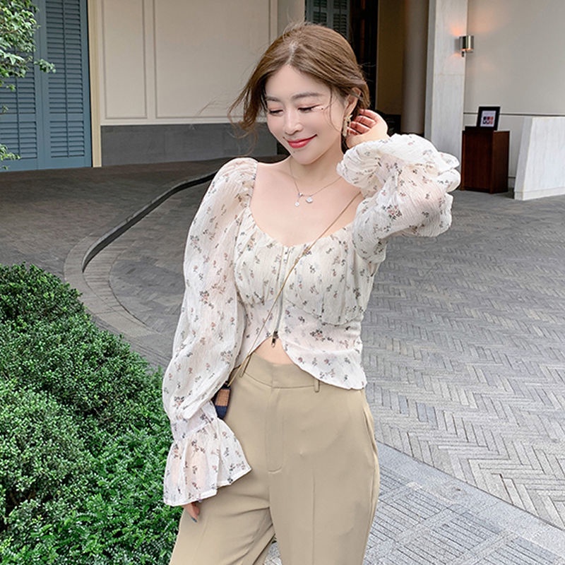 Shifon blus puff lengan tipis off-shoulder square collar floral chiffon shirt wanita kemeja pe