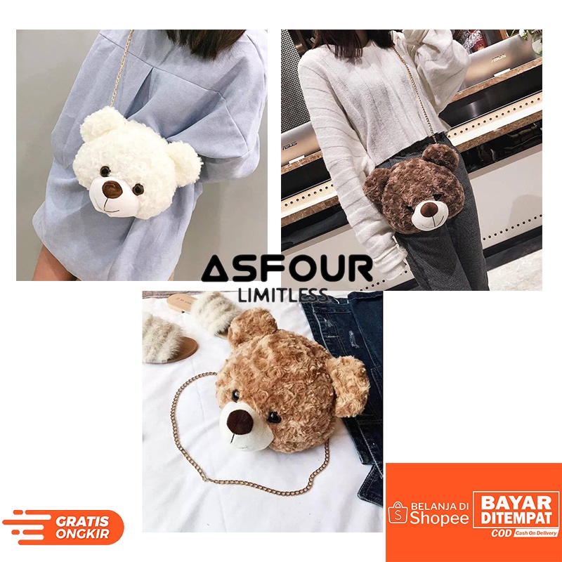 ASFOUR - Tas Bulu Selempang TEDDY BEAR Tas Boneka Kepala teddy bear ALA KOREA TAS SEKOLAH LUCU TAS PEREMPUAN TAS WANITA TAS CANTIK TAS BULU TAS KEKINIAN/TAS BULU/tas SLEMPANG RANTAI/TAS HP/TAS DOMPET