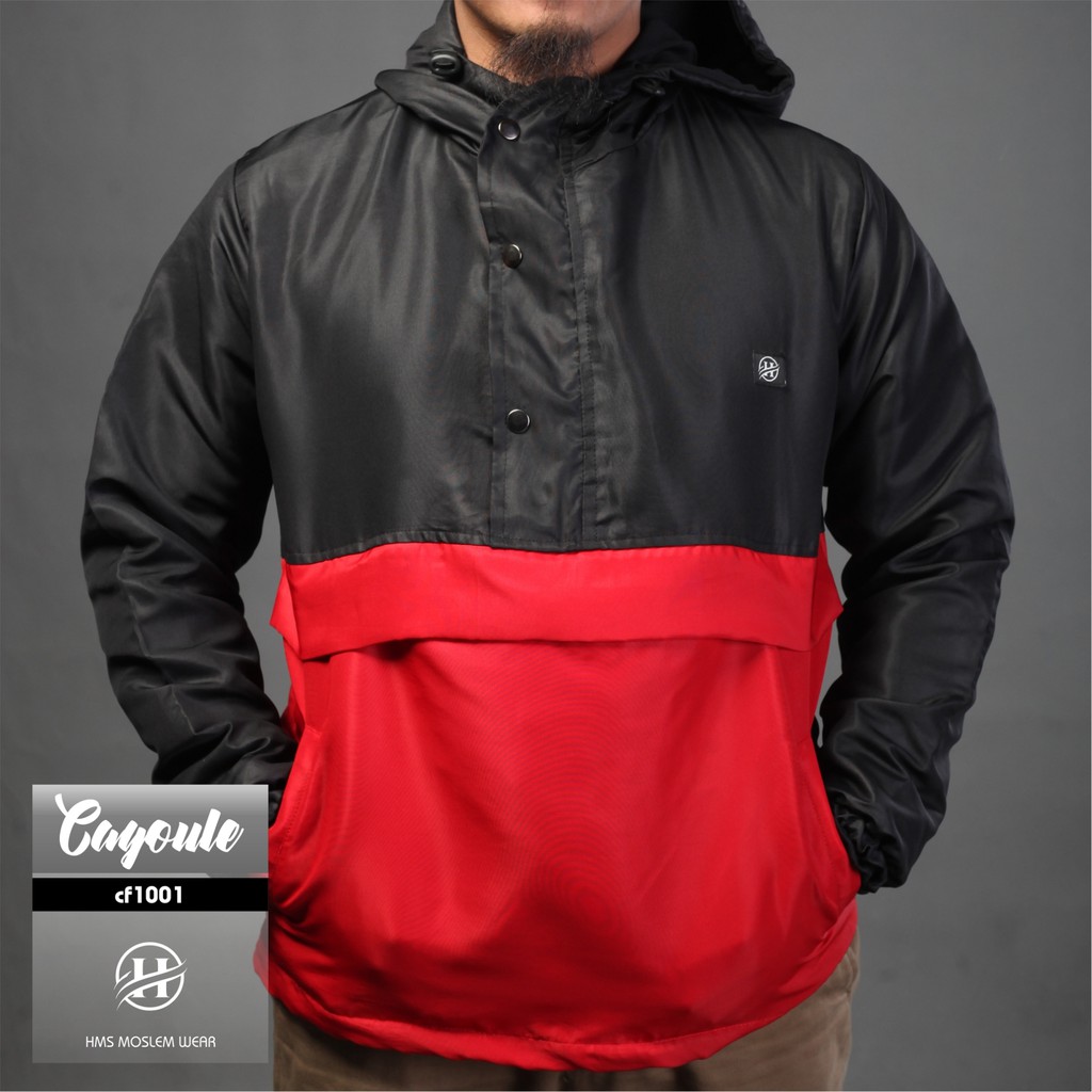 HMS jaket pria distro jaket cougle jaket water proof jaket warna black and red kode art CF329