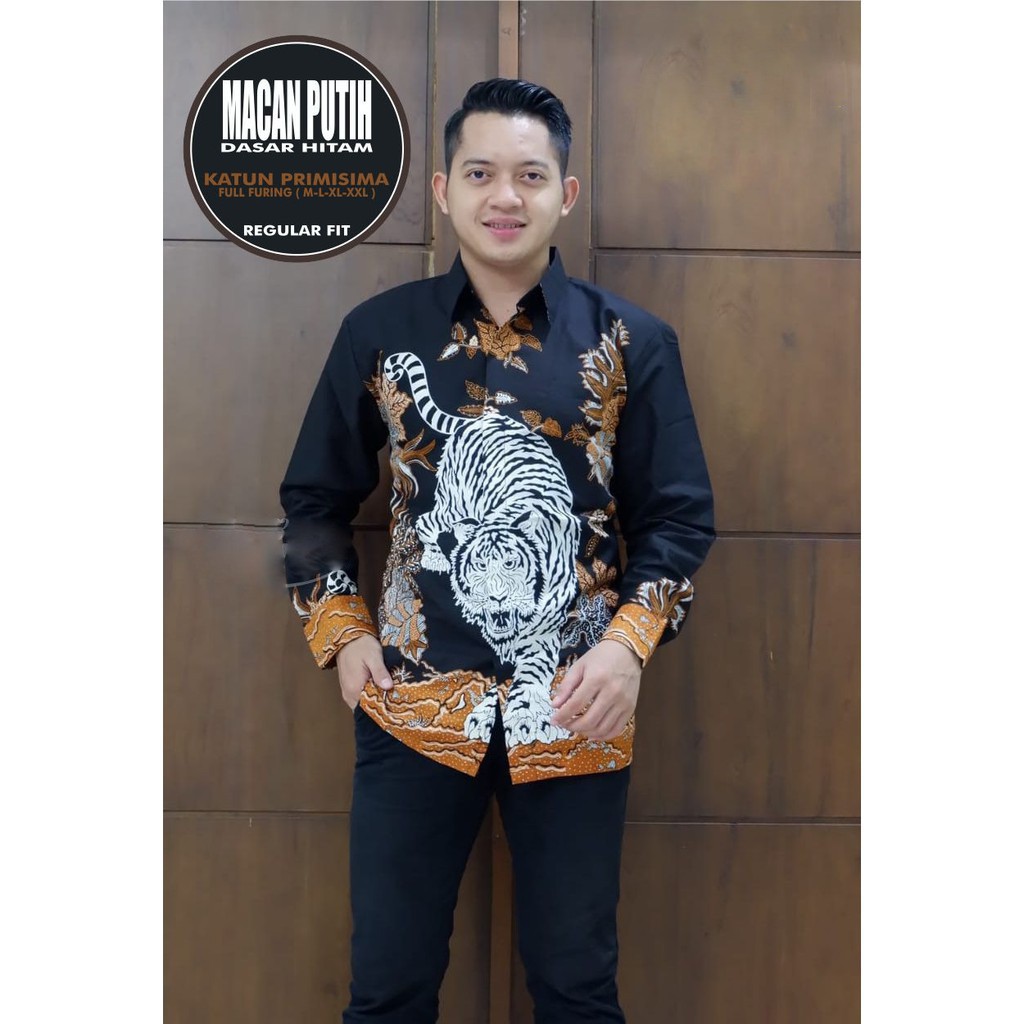 Baju Batik Pria Lengan Panjang Macan Putih Kemeja Batik Solo Lapis Fuirng Atasan Modern Premium