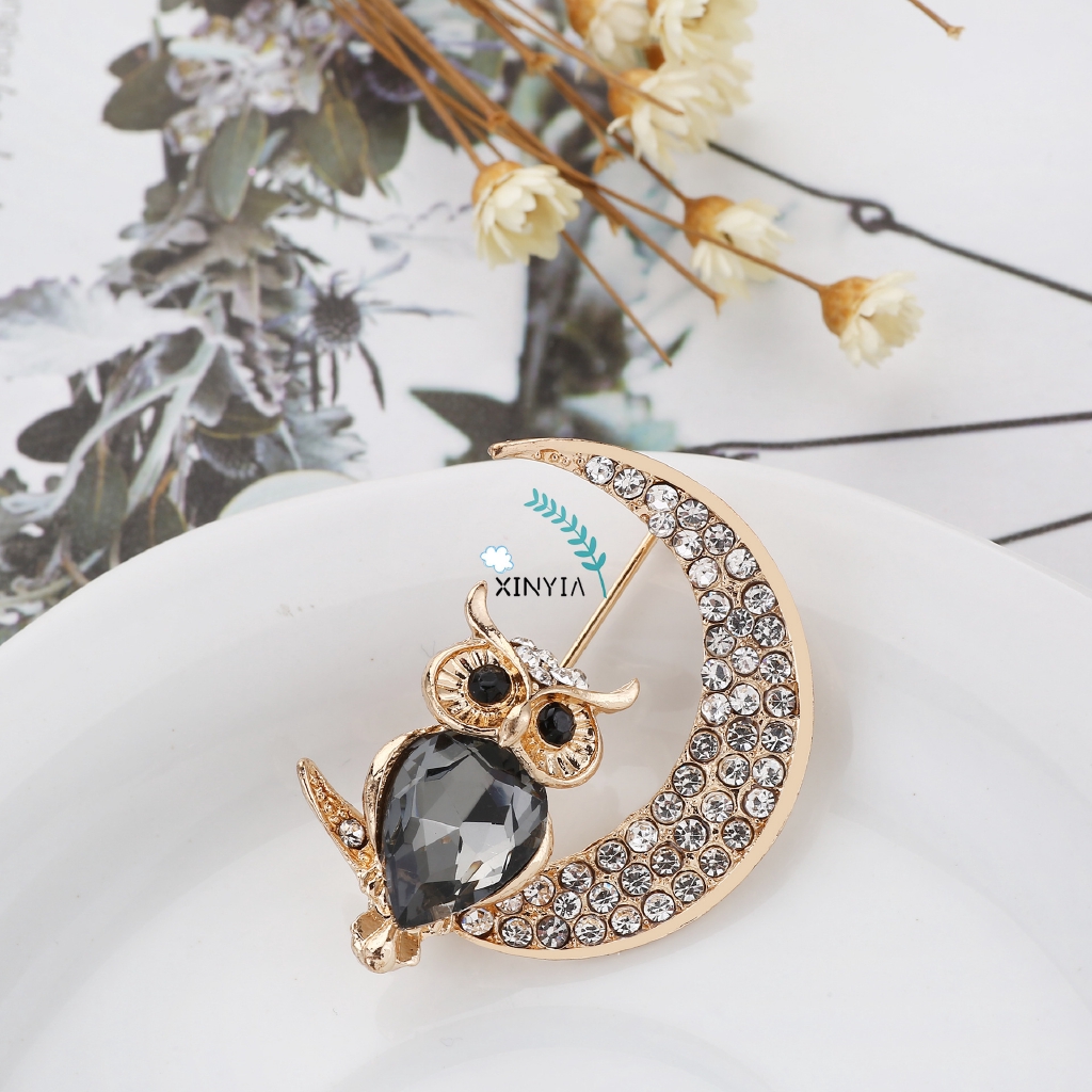 Crystal Bros Owl Moon Kartun Wanita Aksesoris Pakaian Brooch Berlian Imitasi Bermutu Berlian