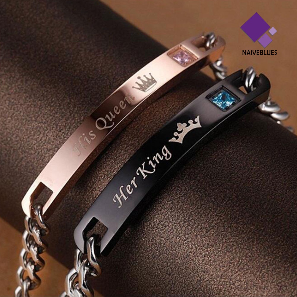 Naiveblue Gelang Tangan Rantai Baja Motif Tulisan His Queen / Her King Untuk Pasangan / Pria / Wanita