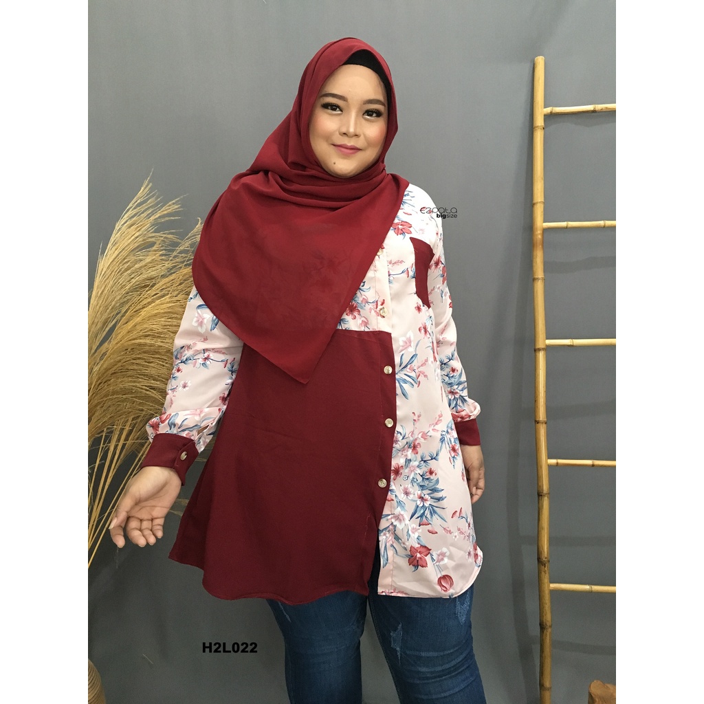 Tunik Hem Kemeja wanita jumbo big size bunga2 busui lebaran kantor lengan panjang LD.120cm XXXXL