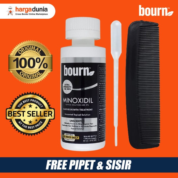 RAMBUT-VITAMIN-SUPLEMEN- BOURN MINOXIDIL 5% FREE PIPET, SISIR - MADE IN USA - PENUMBUH RAMBUT