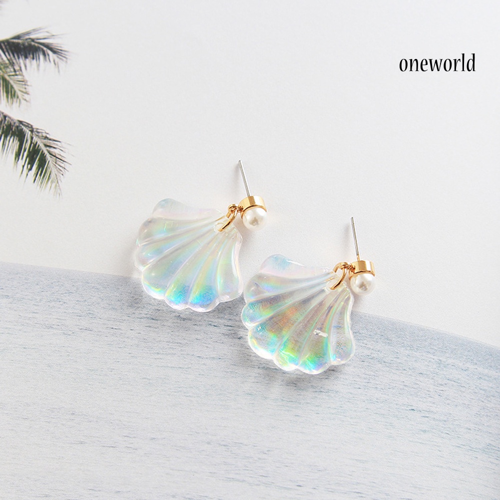 OW@ Colorful Resin Mermaid Rainbow Imitation Pearl Shell Women Stud Earrings Gift