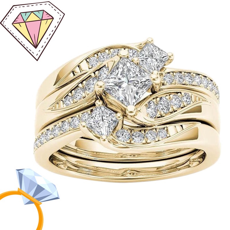 Princess 3Pcs/Set Cincin Tunangan Kuning Emas 14K Hias Kristal+Topaz Putih