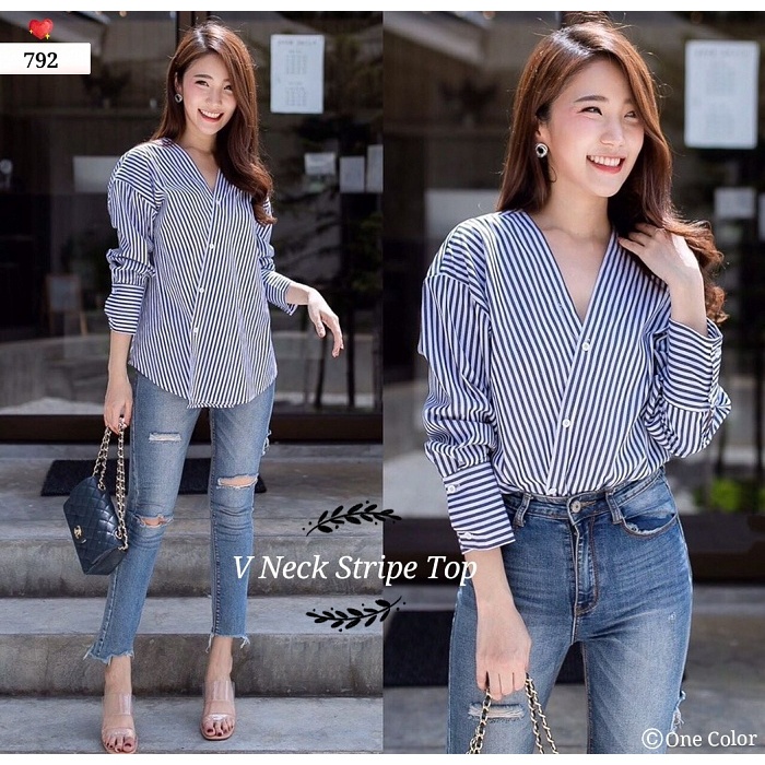 V Neck Stripe Top | Kemeja V Neck Salur | Kemeja Wanita Tangan Panjang Salur | Kemeja Stripe Fashion