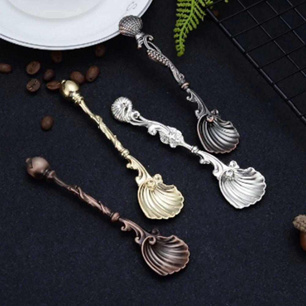 [Elegan] Mixing Spoons Bronze Ukir Logam Es Krim Sendok Garpu Dessert Makanan Ringan Zinc Alloy Coffee Spoon