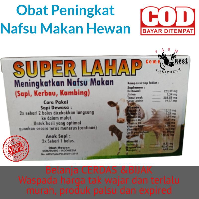 SUPER LAHAP-Tablet bolus peningkat nafsu makan Sapi kambing kerbau.