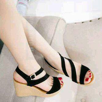 SEPATU SANDAL WEDGES HAK TINGGI CEWEK WANITA KERJA HITAM MURAH KOREA