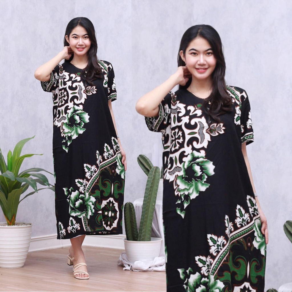 Daster Batik Lengan Pendek - Motif Daun - Leher Kancing (DPT001-133) Batik Prass-STELLA HIJAU