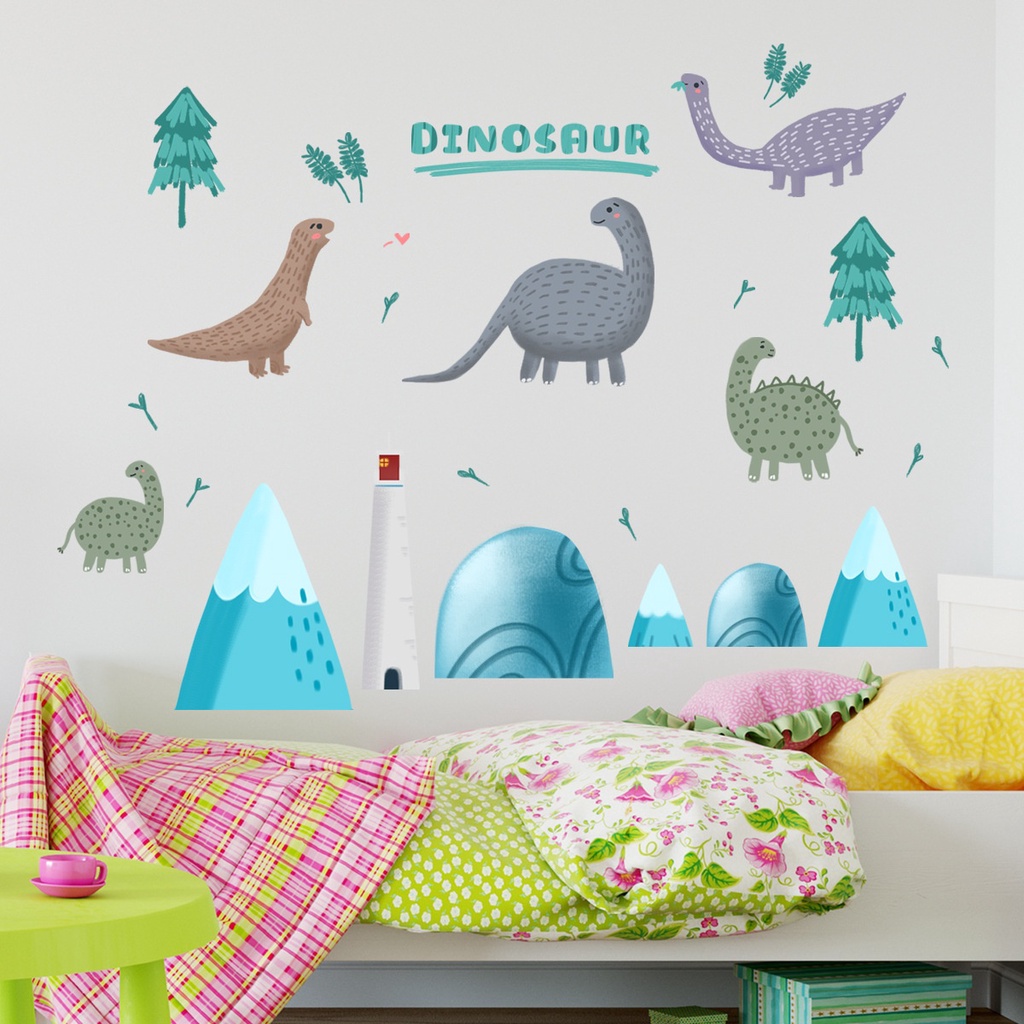 2pcs / set Stiker Dinding Motif Kartun Dinosaurus Dapat Dilepas Untuk Dekorasi Kamar Tidur Anak