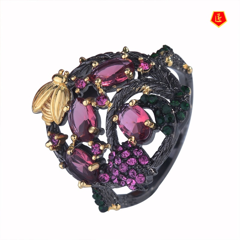 [Ready Stock]New Gothic Style Ruby Bee Black Ring