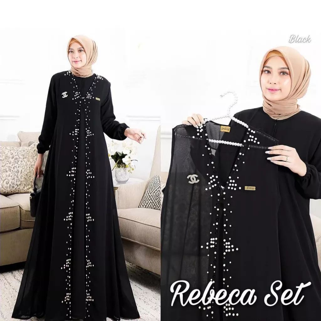 Rebeca Set / One set Muslim Terbaru / Bahan Ceruty Babydoll Aplikasi Mutiara / Iner Outer Terpisah