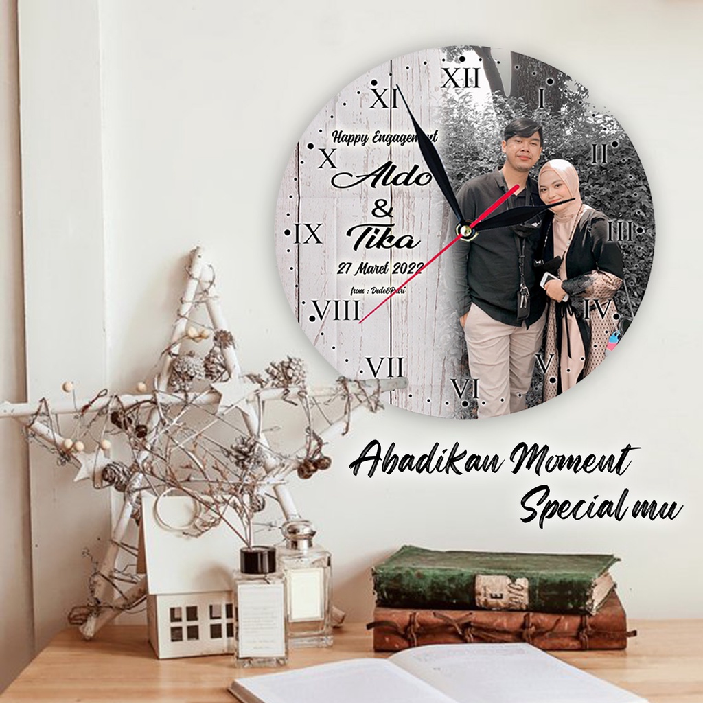 JAM DINDING KAYU CUSTOM NAMA FOTO HADIAH PERNIKAHAN UNIK KADO NIKAH NIKAHAN WEDDING ULANG TAHUN LUCU-2