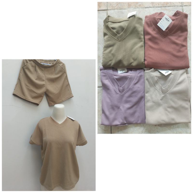 SET HP PENDEK GOLDEN BEE V NECK RAJUT UNIQLO