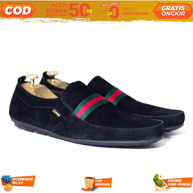 Sepatu Casual Slip On & Mules Unisex Guci Suede Leather Semi Formal Pria Dan Wanita - Selop Cowok Pr