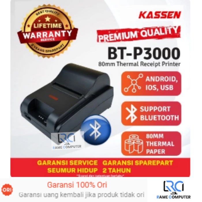 KASSEN BT-P3000 BLUETOOTH PRINTER KASIR &amp; KITCHEN THERMAL PAPER 80X50