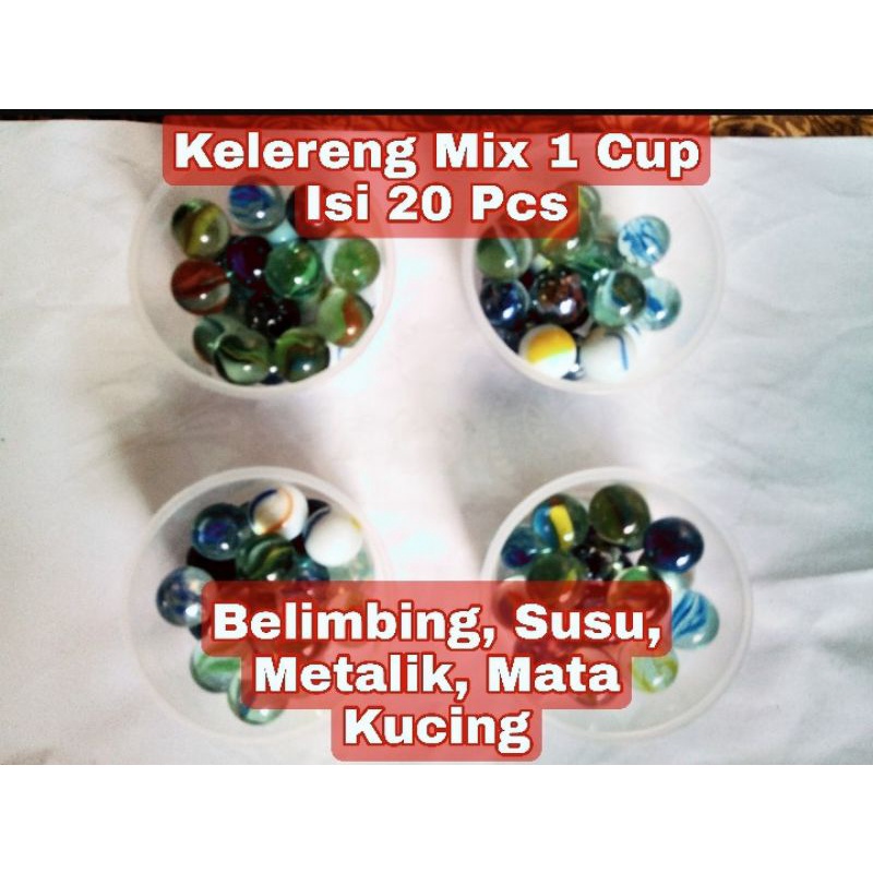 Kelereng Mix (Belimbing, Mata Kucing, Susu, Metalik) 1 Cup Isi 20 Pcs