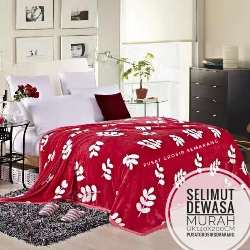 Selimut Dewasa Murah MORIA Abstrak Leaf Polkadot Flower Bvrbery Reindeer Could Moon Star Awan Rusa-Red Leaf