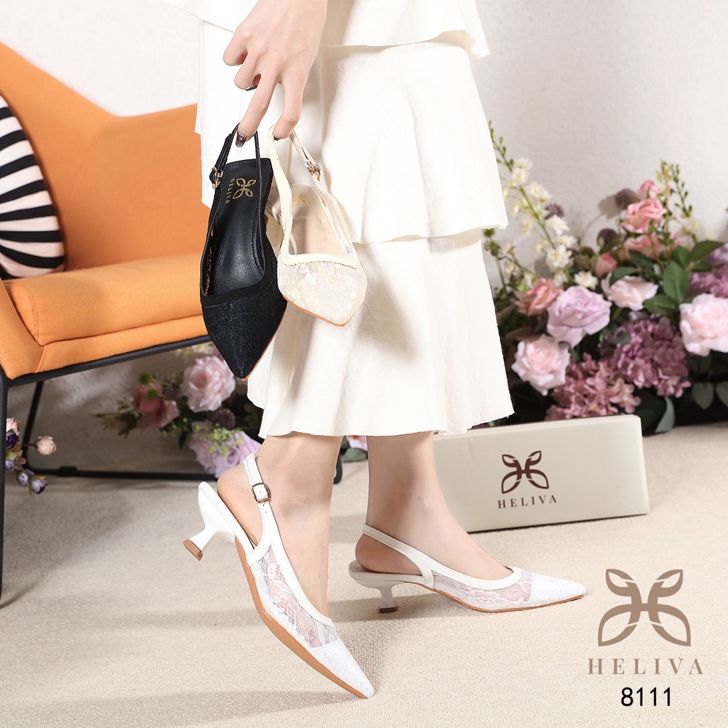 HELIVA APRIL Mid Heels 4,5cm Sling Back Bahan Lace Kain Sepatu Lancip Pesta Kondangan 8111 Original Brand