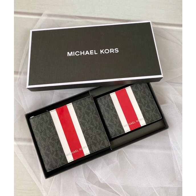 Dompet pria laki laki michael kors gifting 3 in 1 wallet box set black/flame red authentic original