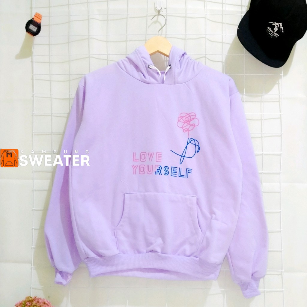 LOVE YOURSELF Sweater Hoodie Wanita Bahan Fleece-Ungu