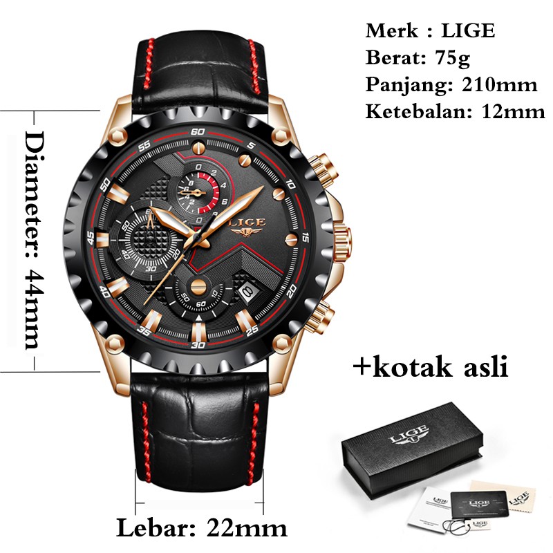 LIGE Original Jam Tangan Pria Fashion Tali Kulit Anti Air Kronograf Sports Jam Tangan 3 Days Arrive