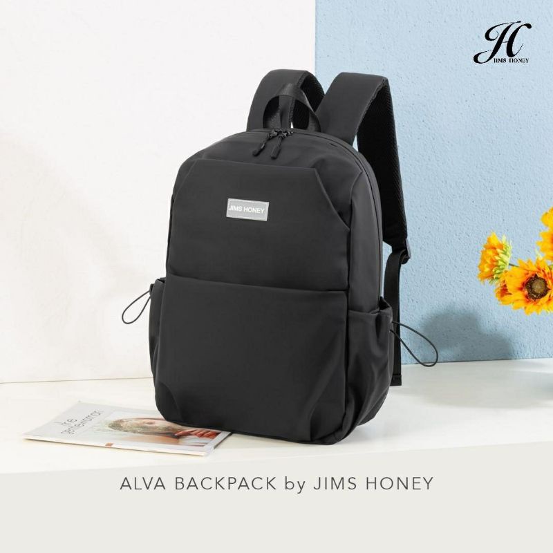 Alva Backpack Jimshoney Original Tas ransel pria wanita tas sekolah kerja anti air muat laptop cod-ALVA BLACK HITAM