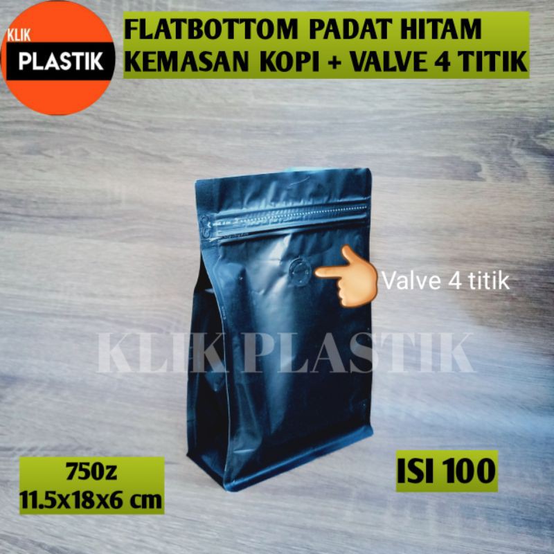 Isi 100 Flatbottom Hitam Doff 750gram+Valve Kemasan Kopi Plastik Klip KPACK