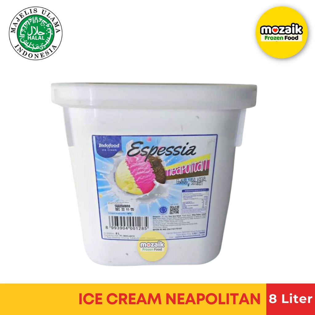 

Indofood Ice Cream 8 Liter Espessia Neapolitan - Es Krim Ember Literan Emberan 3in1 3 Rasa (Stroberi, Coklat & Vanilla)