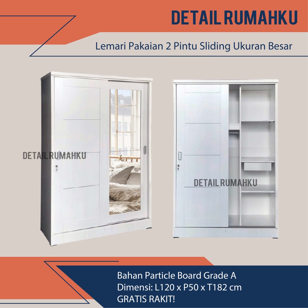 Lemari Pakaian 2 Pintu Sliding Geser Putih Partikel Minimalis Termurah