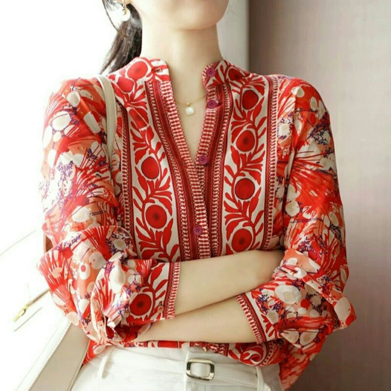 0749 RedPlum Baju atasan kemeja blouse CNY top mandarin Collar Korean style merah wanita import baju