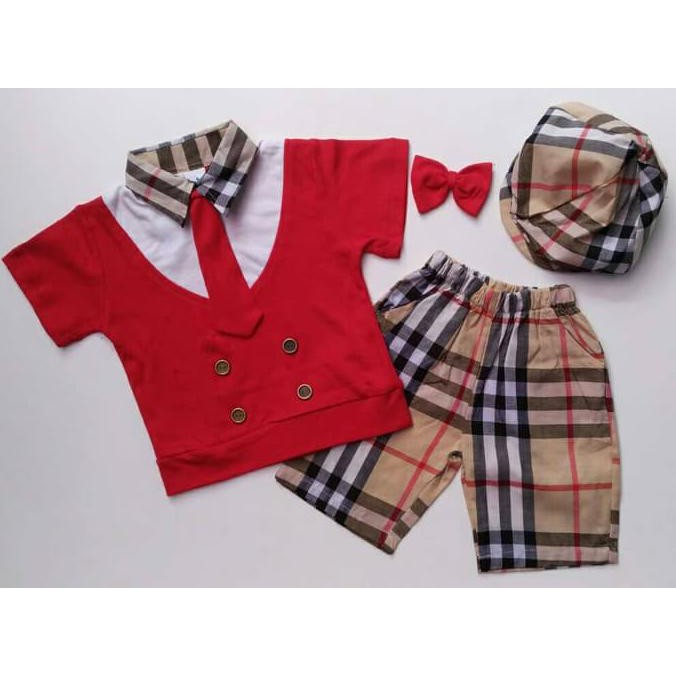 Diskon Baju Setelan Anak Bayi Laki Cowok - Burberry Coklat Golf Dasi Topi Pet Terbaru