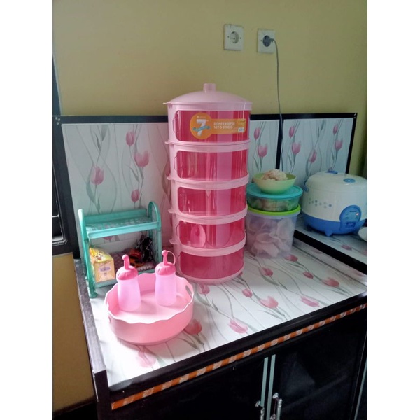 tudung saji viral dishes keeper 5 susun PINK dusdusan Free 2 botol kecap dan 1 tray bumbu